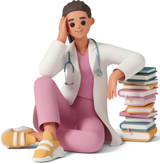 Doctor sitting on the floor with books